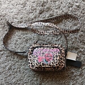 Ed Hardy Leopard Crossbody Bag with Pink Floral Logo